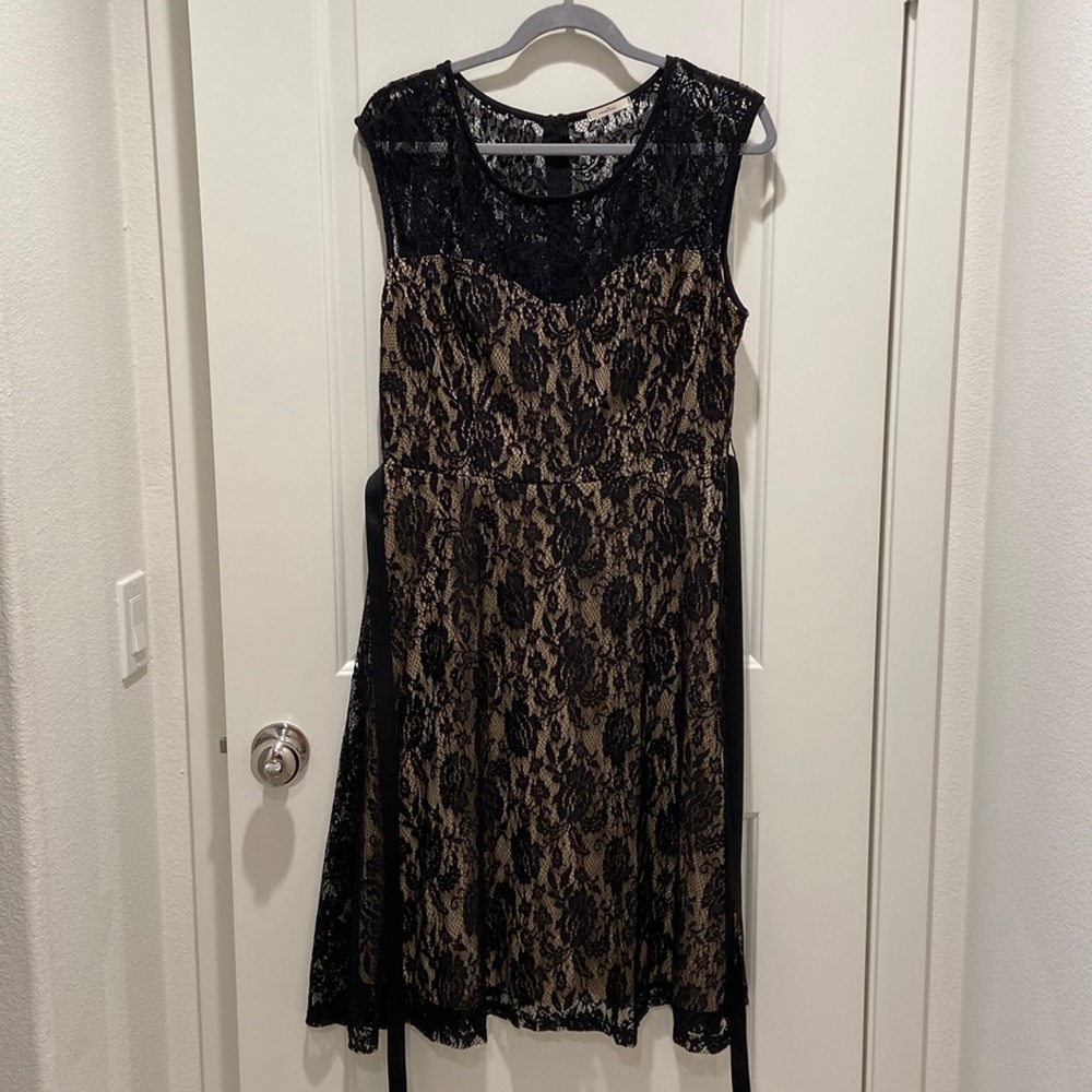 Black lace cocktail dress w/ tan lining